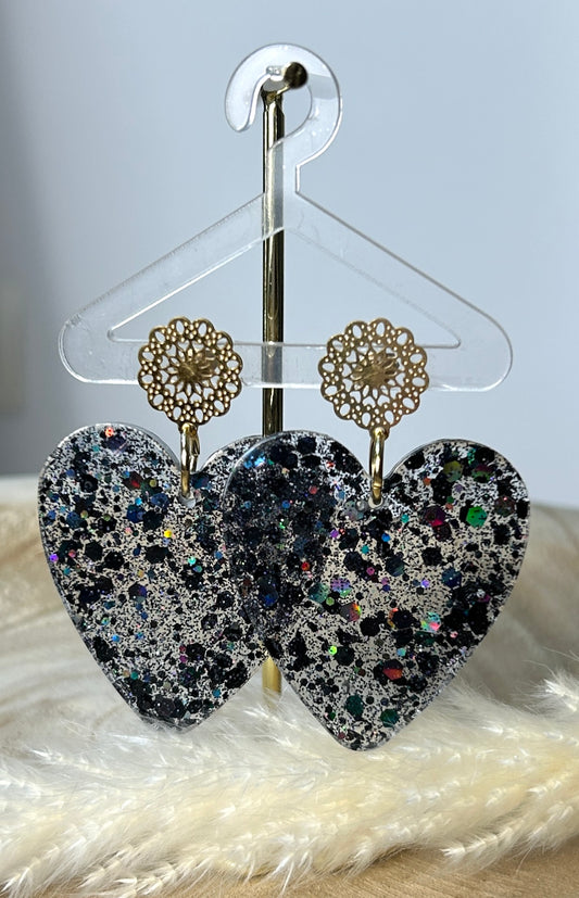 Boucles gros  Coeur Résine et Paillettes